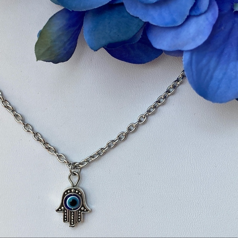 Hamsa Evil Eye Stainless Steel Necklace - Picture 3 of 11